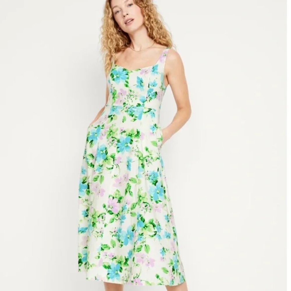 Old Navy Linen Fit and Flare Floral Print Midi Dress